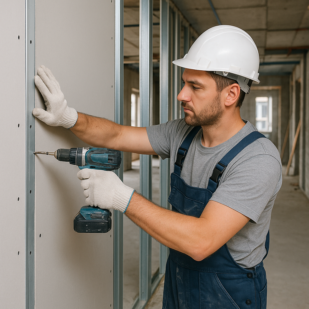 Plaquiste posant des plaques de placo sur un chantier de construction batiment