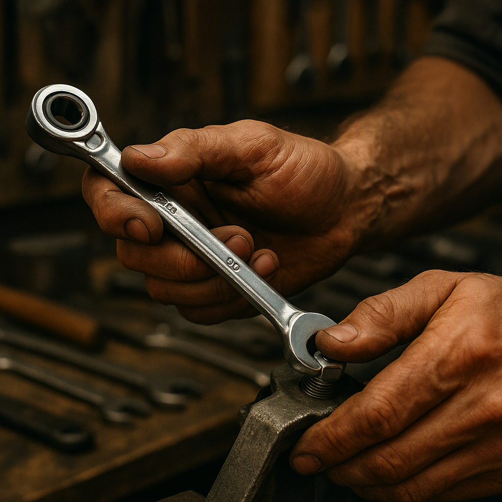 Mains d'homme utilisant une clé mixte à cliquet dans son atelier
